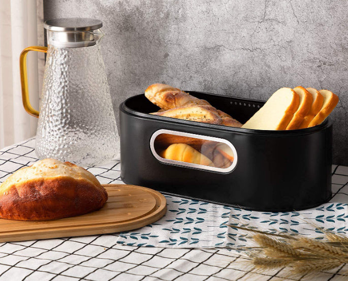 Galvanized Iron Black Bamboo Cover Metal Bread Box