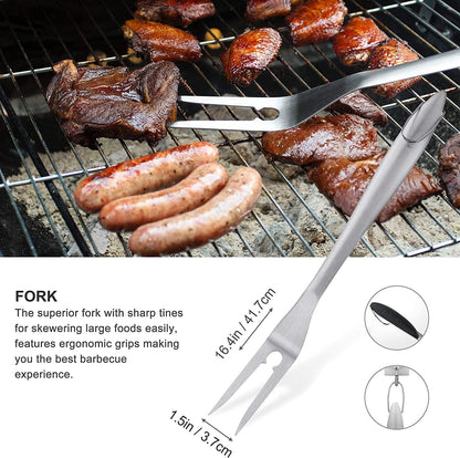 Grilljoy 8PCS Heavy Duty BBQ Grill Tools Set With Extra Thick Stainless Steel Spatula, Fork, Tongs & Cleaning Brush - Complete Barbecue Accessories Kit With Portable Bag - Perfect Grill Gifts For Men