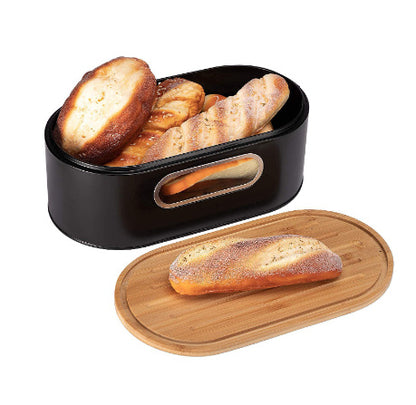 Galvanized Iron Black Bamboo Cover Metal Bread Box