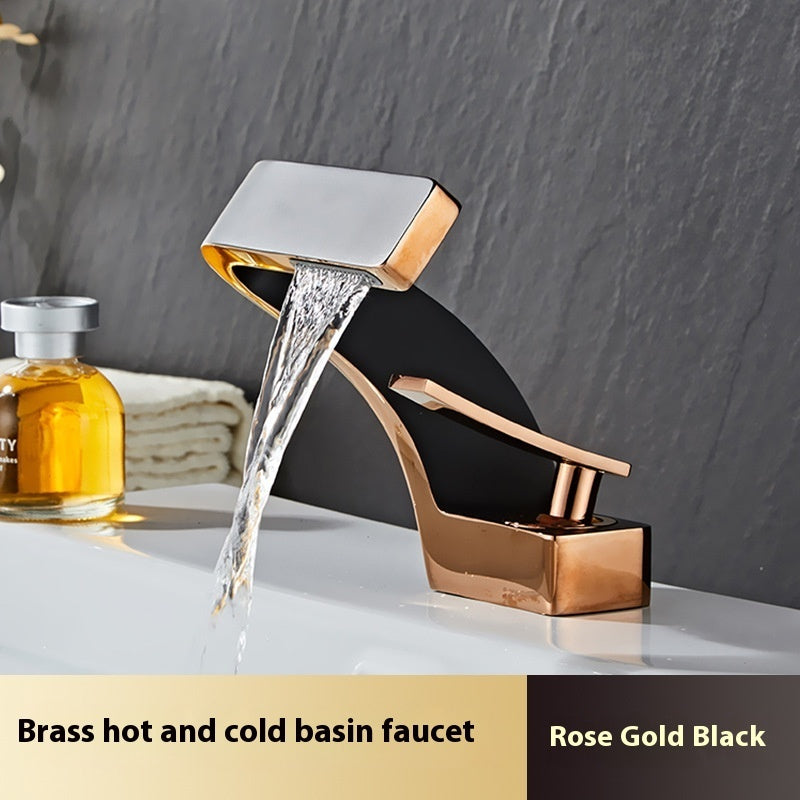 Copper Faucet Light Luxury Golden Creative Waterfall Household Single Hole Wash Basin Hand Washing Face Table Hot And Cold