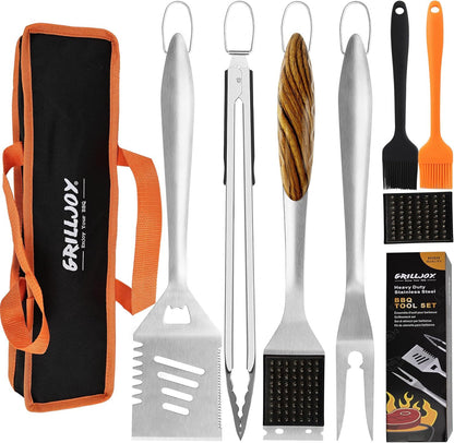 Grilljoy 8PCS Heavy Duty BBQ Grill Tools Set With Extra Thick Stainless Steel Spatula, Fork, Tongs & Cleaning Brush - Complete Barbecue Accessories Kit With Portable Bag - Perfect Grill Gifts For Men