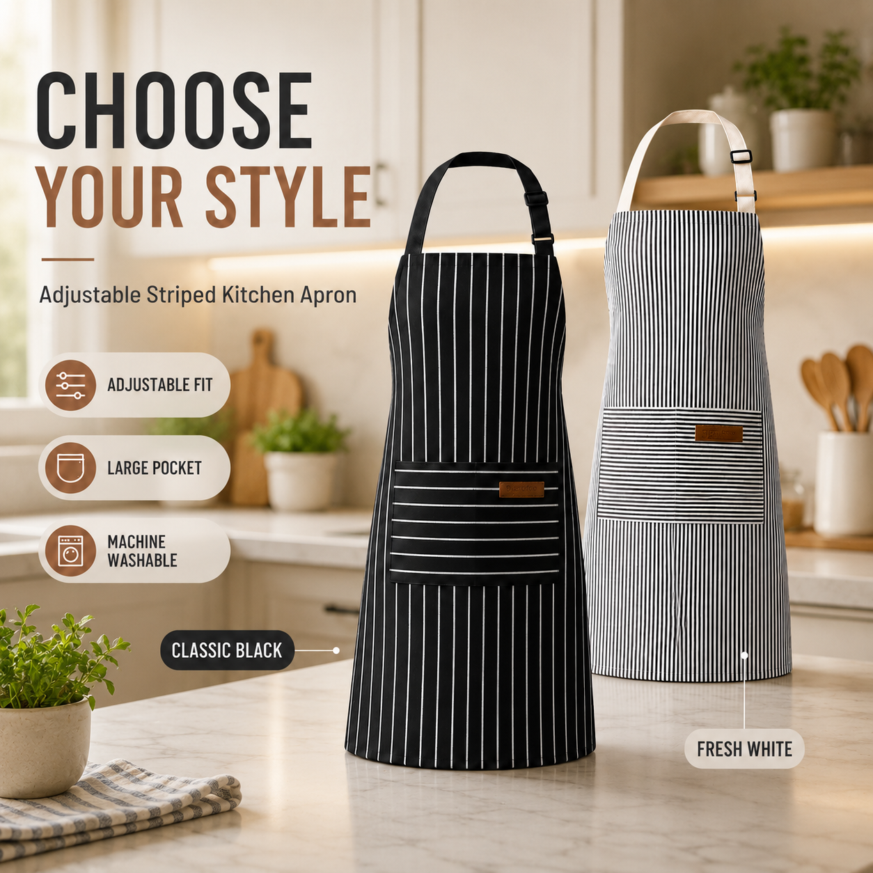 2-Piece Adjustable Striped Kitchen Apron Set with Large Pockets