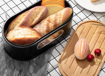 Galvanized Iron Black Bamboo Cover Metal Bread Box