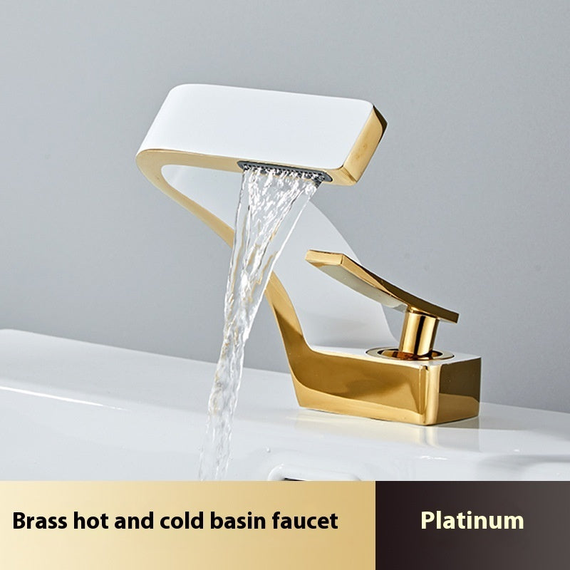 Copper Faucet Light Luxury Golden Creative Waterfall Household Single Hole Wash Basin Hand Washing Face Table Hot And Cold