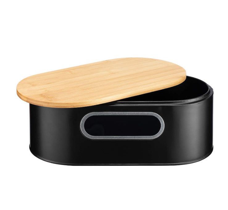 Galvanized Iron Black Bamboo Cover Metal Bread Box