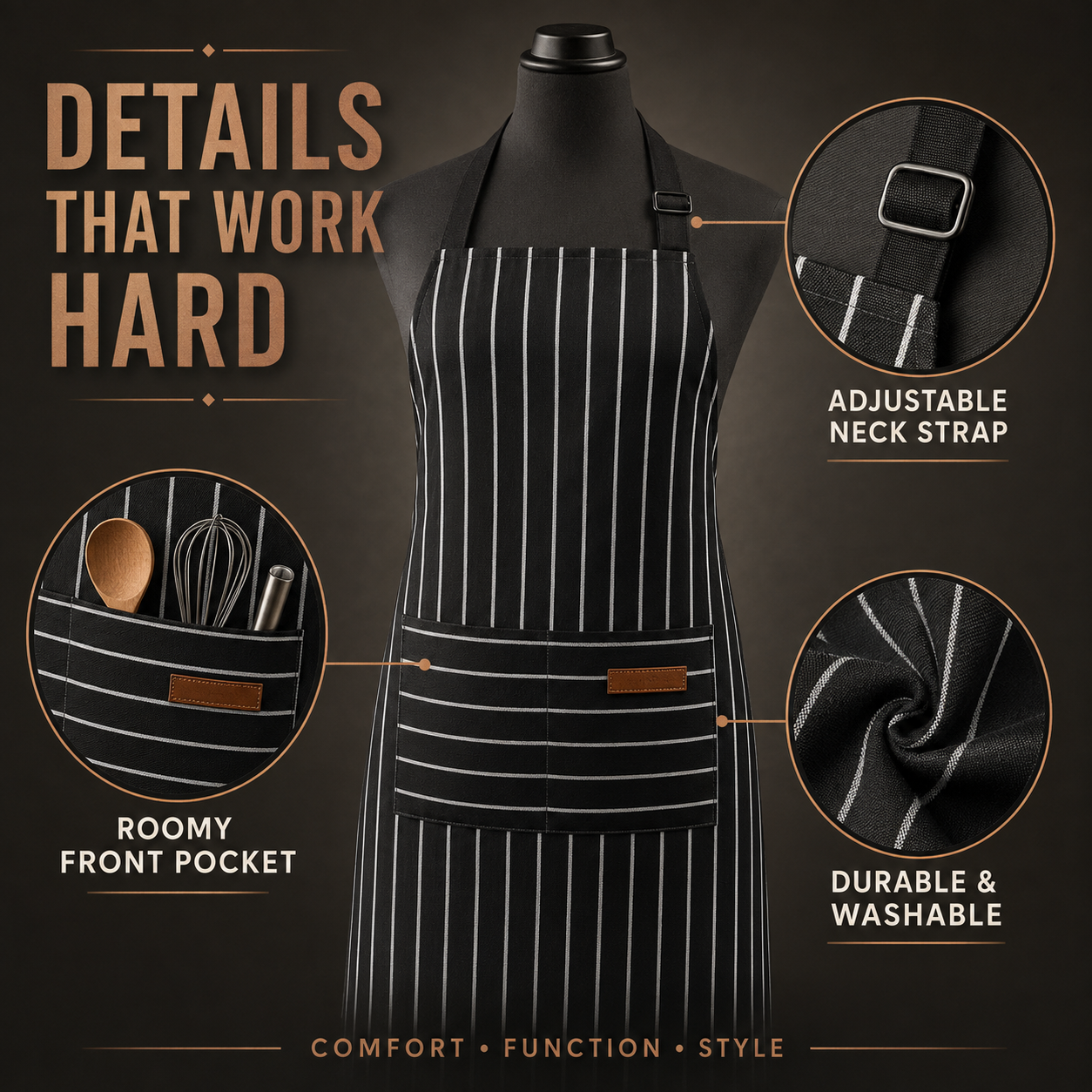 2-Piece Adjustable Striped Kitchen Apron Set with Large Pockets